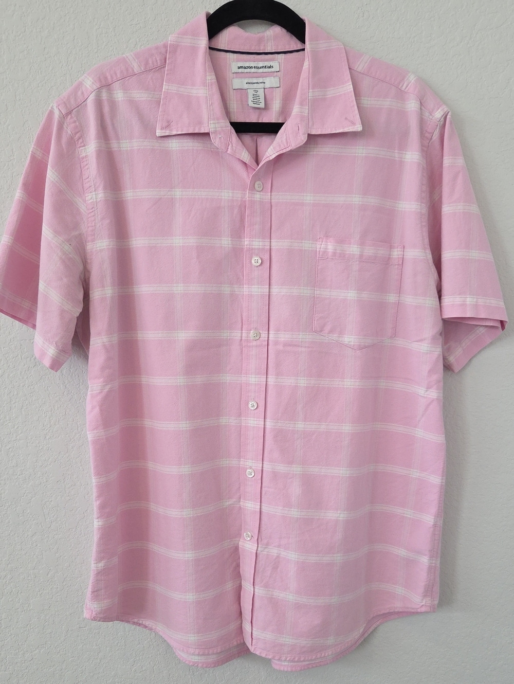 Amazon Essentials Men’s Regular-Fit Short-Sleeve Pocket Oxford Shirt Pink White